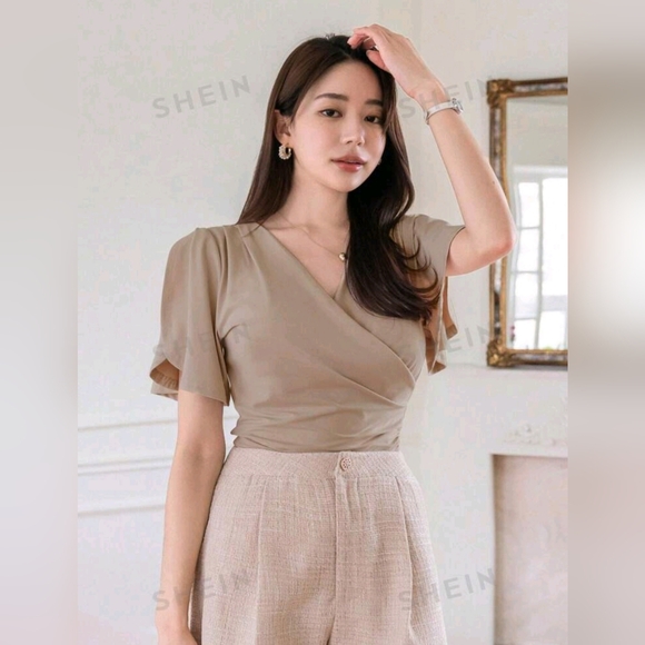 DAZY - Ladies' Summer Solid Color Wrap Short Sleeve V-Neck T-Shirt- Size S Khaki - Picture 3 of 12